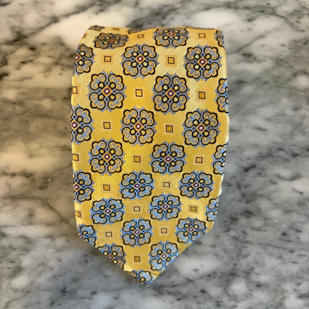 ENZO of ANDOVER Robert Talbott Men's Hand Sewn Silk Yellow Blue Geometric‎ Tie